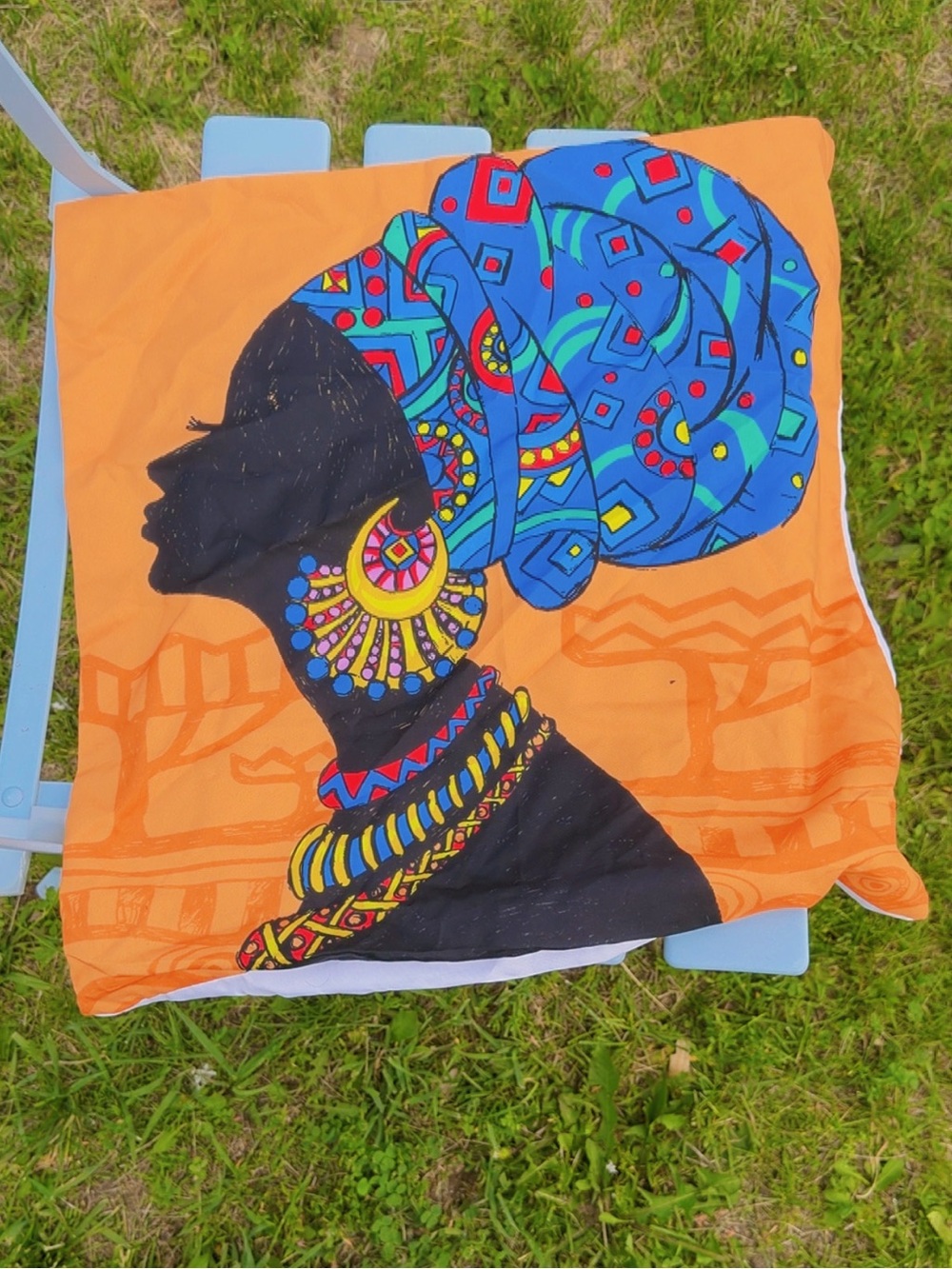 Vibrant African Woman Print Pillow Cover - Orange & Blue